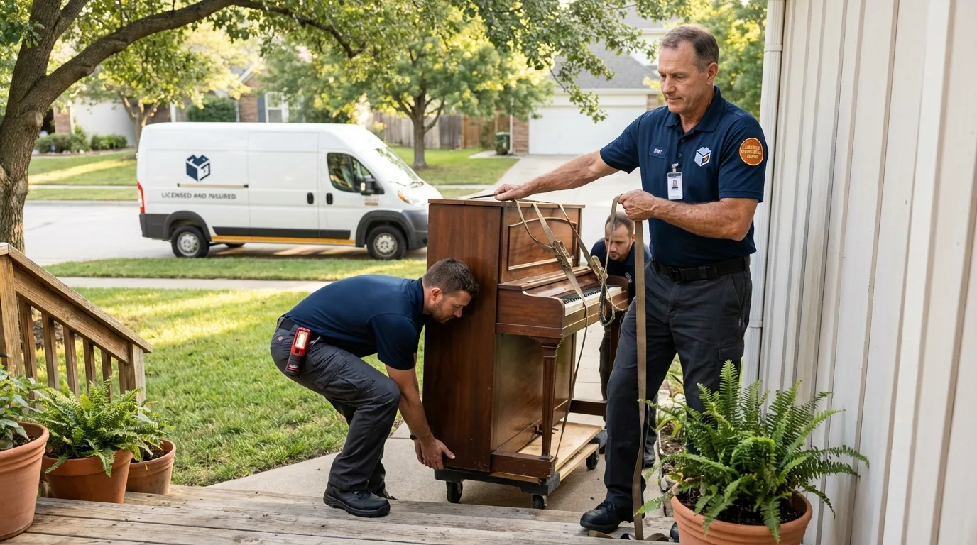 Licensed piano movers securing grand piano in Edgerton, KS