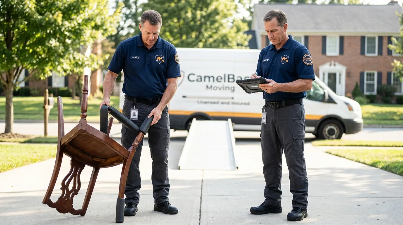 Movers inspecting furniture for damage prevention before loading in Edgerton, KS
